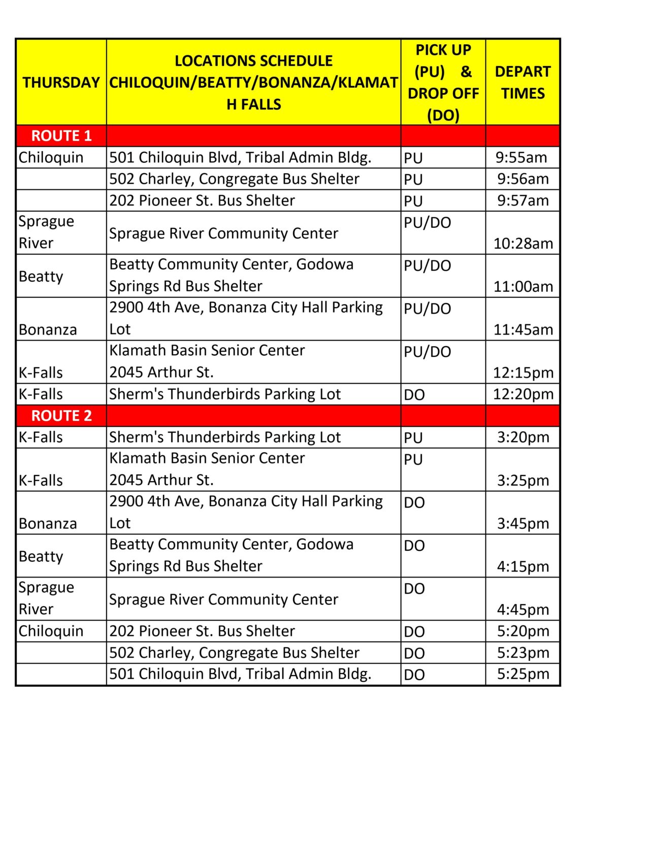 Quail Trail Bus Schedule | Klamath Tribes