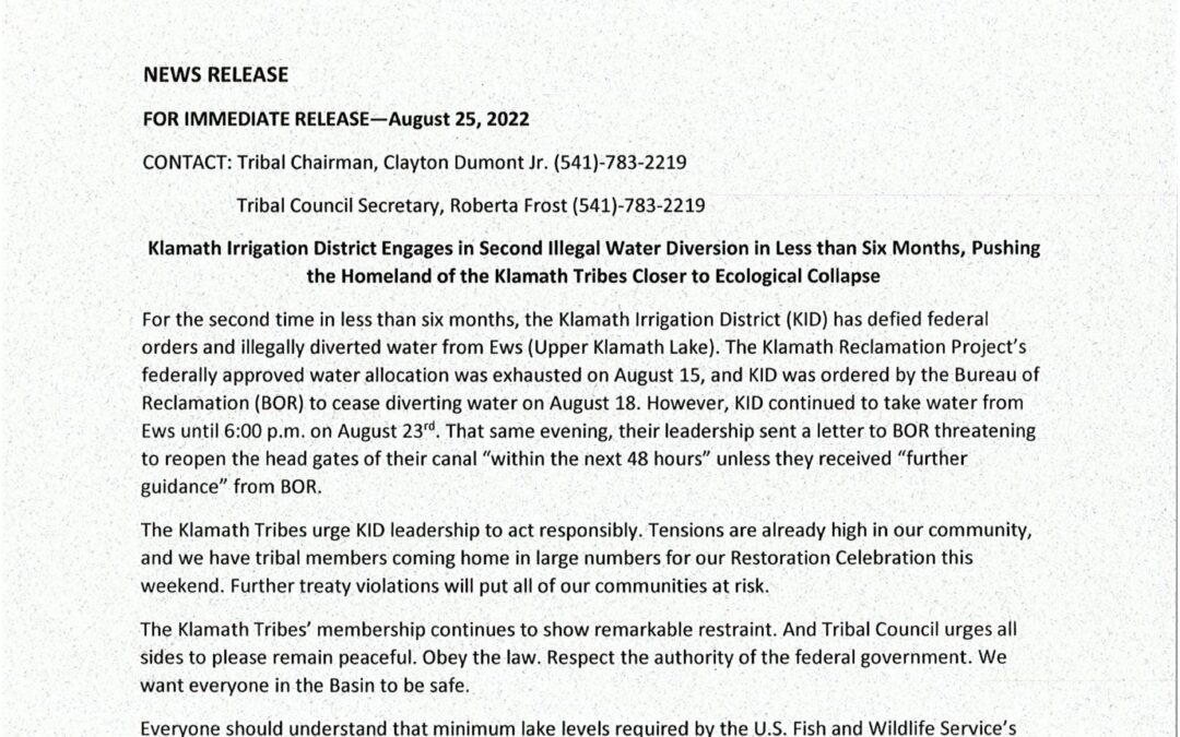 Klamath Irrigation District Engages in Second Illegal Water Diversion
