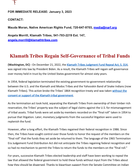 Klamath Tribes Regain Self-Governance of Tribal Funds