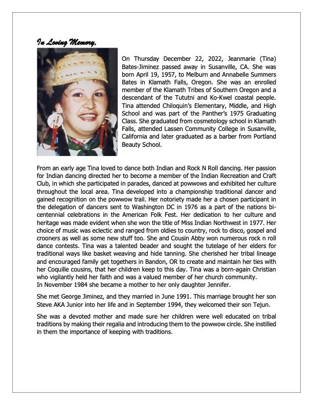 Obituary notice for Jeanmarie (Tina) Bates-Jiminez