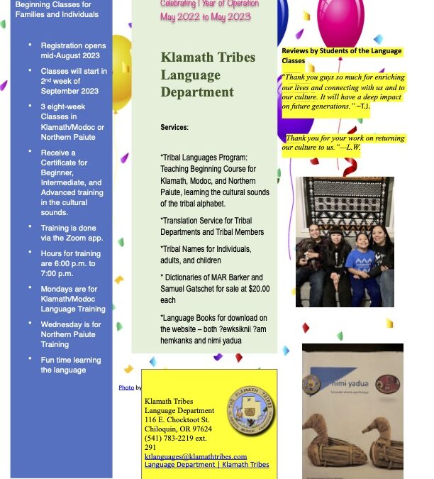 Happy 1st Year of Operation Klamath Tribes Language Department