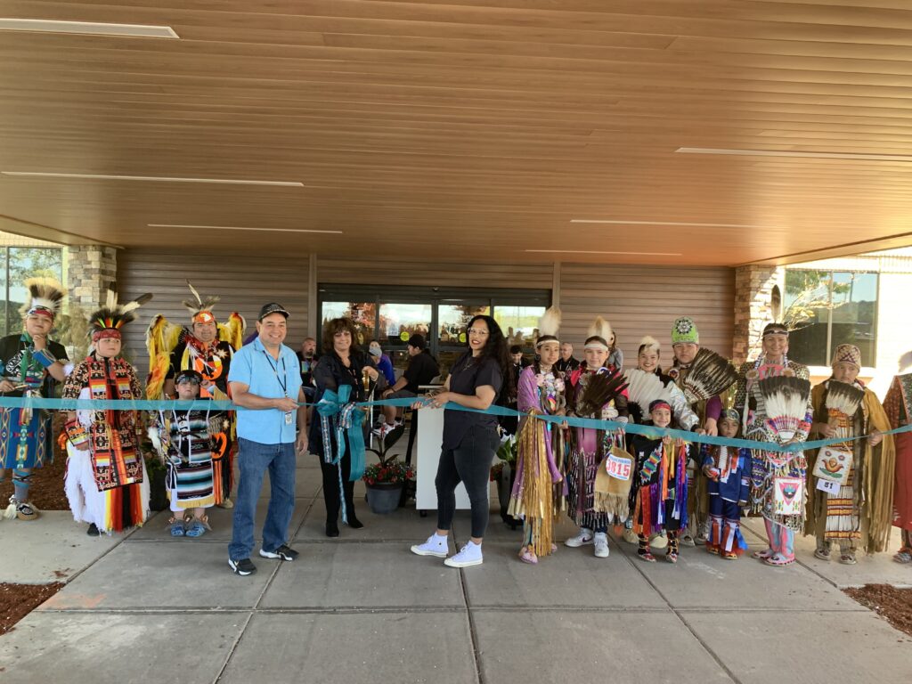 A ribbon-culng ceremony kicks off the grand opening of the Ma Klamath Tribal Health & Family Services Center May 19. (Photo by Ken Smith/Klamath Tribes. Image is available for media use.)