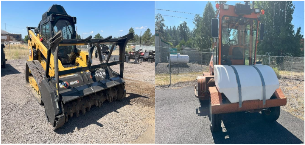 A new skid steer (left) and street sweeper are two of several large pieces of equipment purchased by the Klamath Tribes to service tribal roads and infrastructure. (Photo by Ken Smith/Klamath Tribes. Image available for media use.)