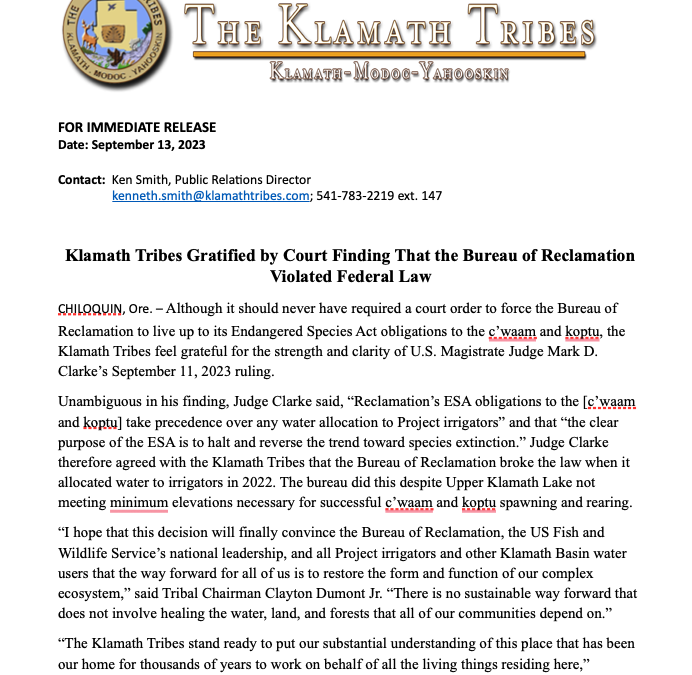 Klamath Tribes Gratified by Court Finding That the Bureau of Reclamation Violated Federal Law