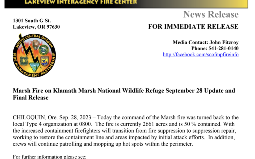Marsh Fire on Klamath Marsh National Wildlife Refuge September 28 Update and Final Release
