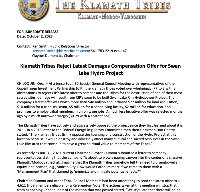 Klamath Tribes Reject Latest Damages Compensation Offer for Swan Lake Hydro Project