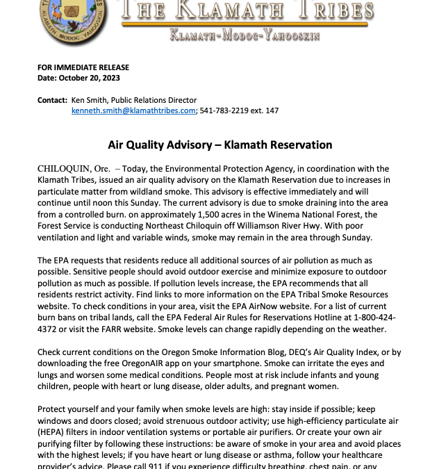 Air Quality Advisory – Klamath Reservation