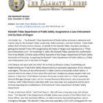 Klamath Tribes Department of Public Safety recognized as a Law Enforcement Unit by State of Oregon