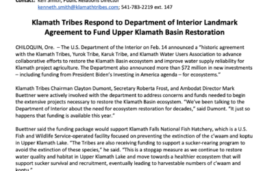 Klamath Tribes Respond to Department of Interior Landmark Agreement to Fund Upper Klamath Basin Restoration