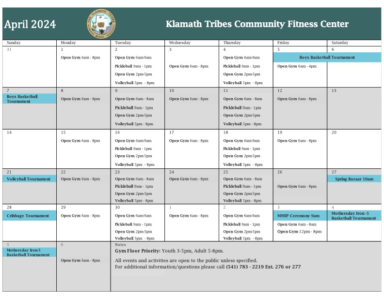 Fitness Center April Gym Schedule 2024.