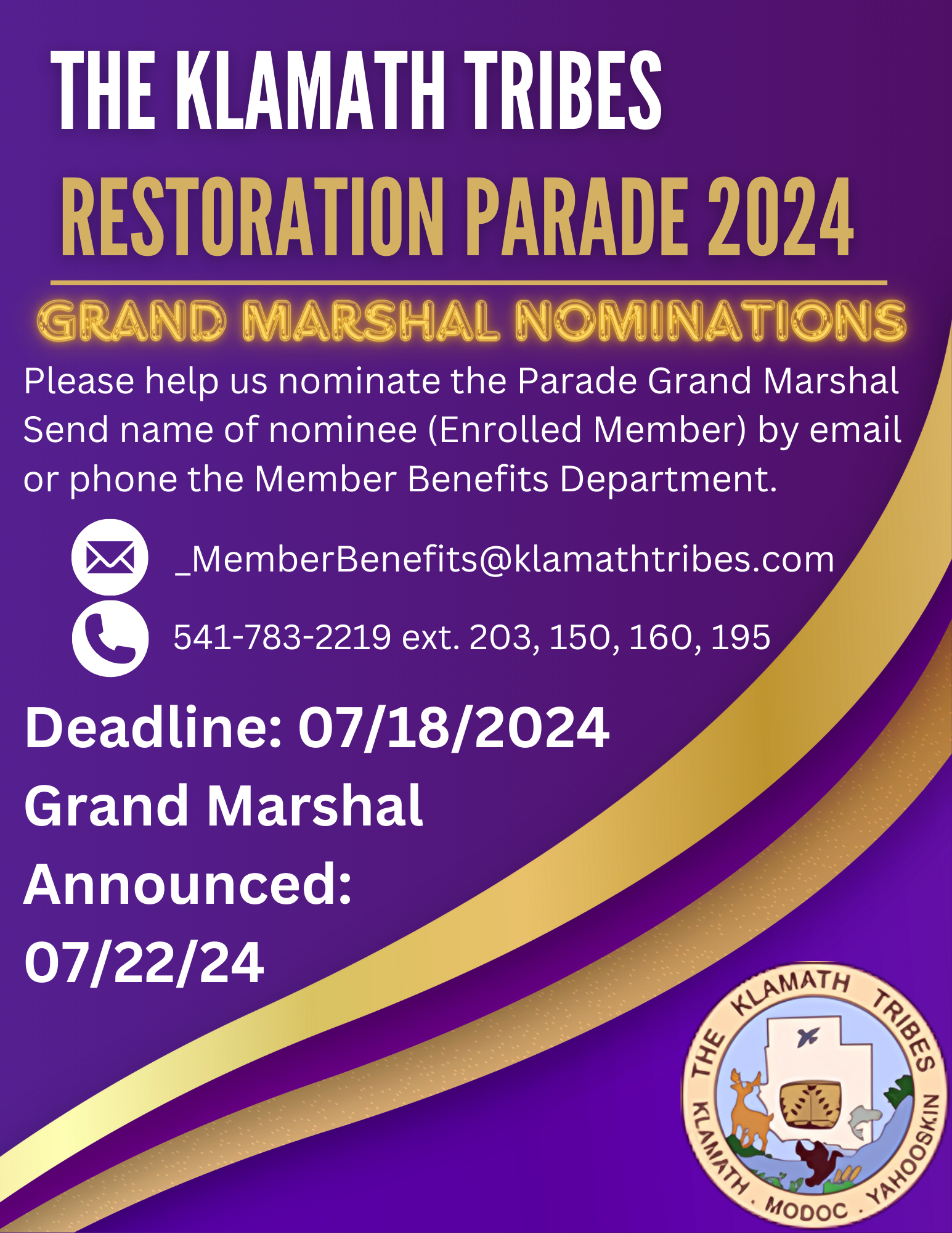 Flyer for the Restoration Parade 2024 Grand Marshal nominations, detailing how to nominate and contact information.