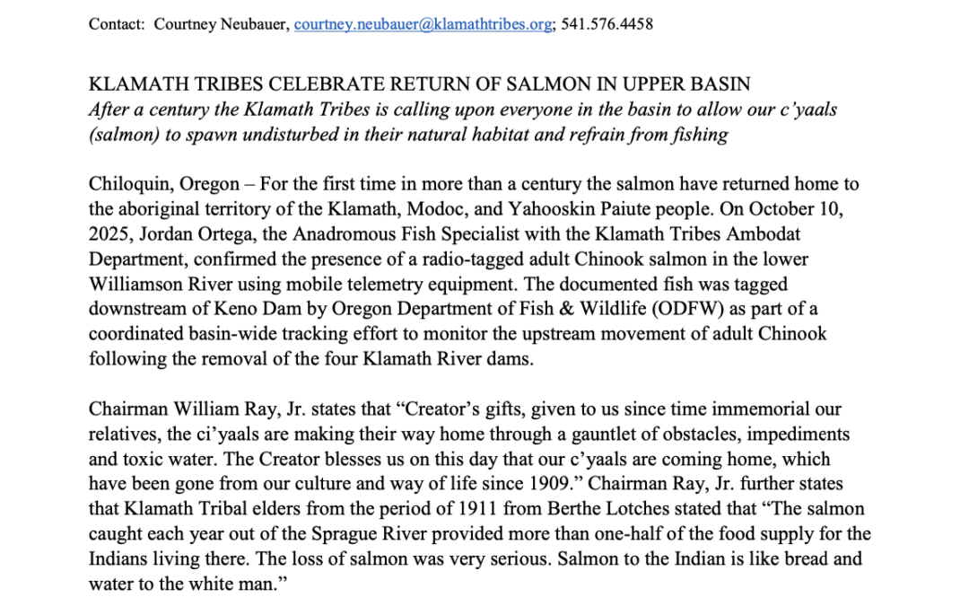 KLAMATH TRIBES CELEBRATE RETURN OF SALMON IN UPPER BASIN
