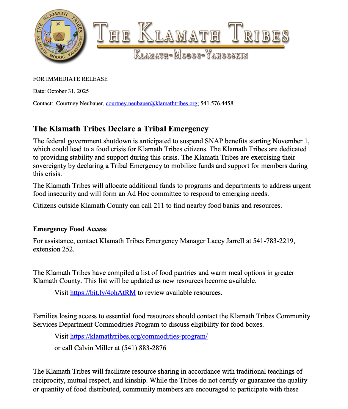 The Klamath Tribes Declare a Tribal Emergency