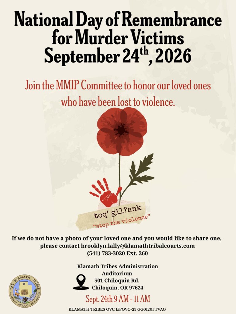 Flyer for the Klamath Tribes Missing and Murdered Indigenous People National Day of Remembrance event.